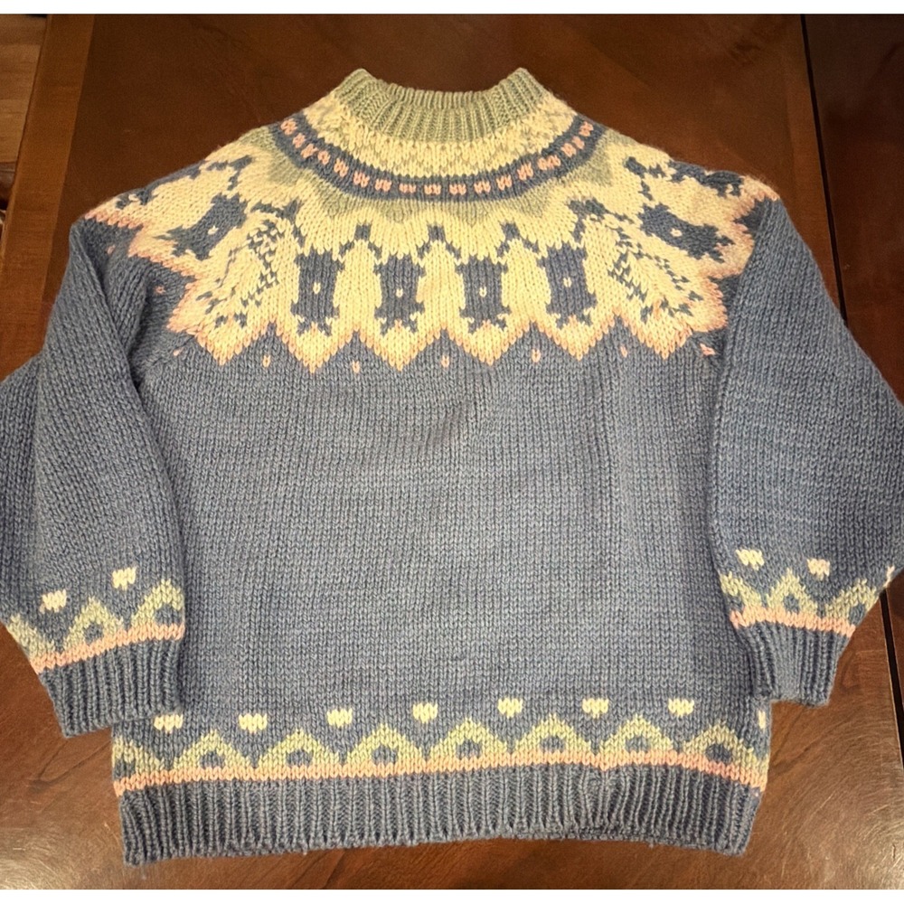 Vintage The Lodge Greek Knitwear Wool Pullover Sweater Blue White Green Size L